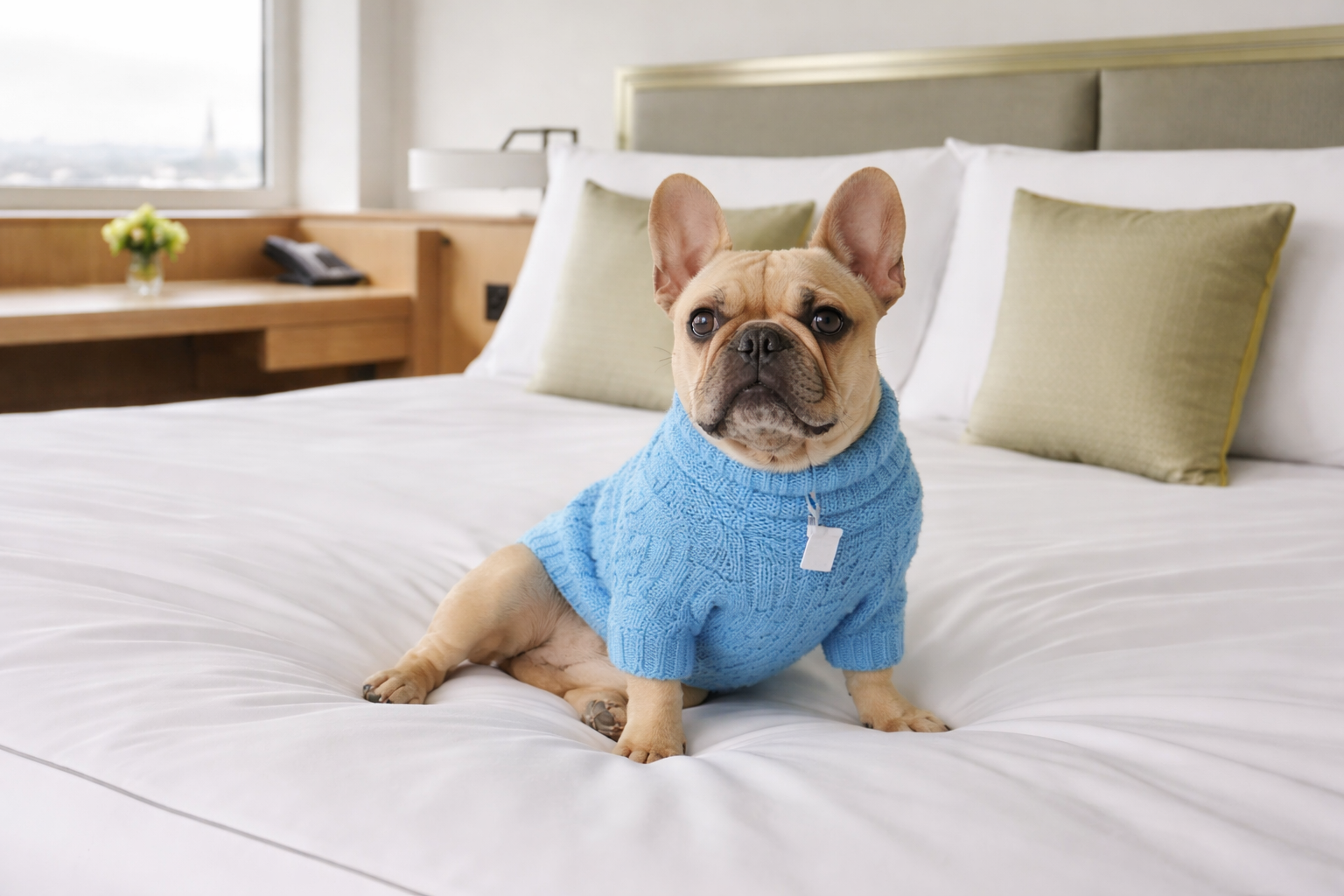 Gemütlicher Französischer Bulldog auf Hotelbett