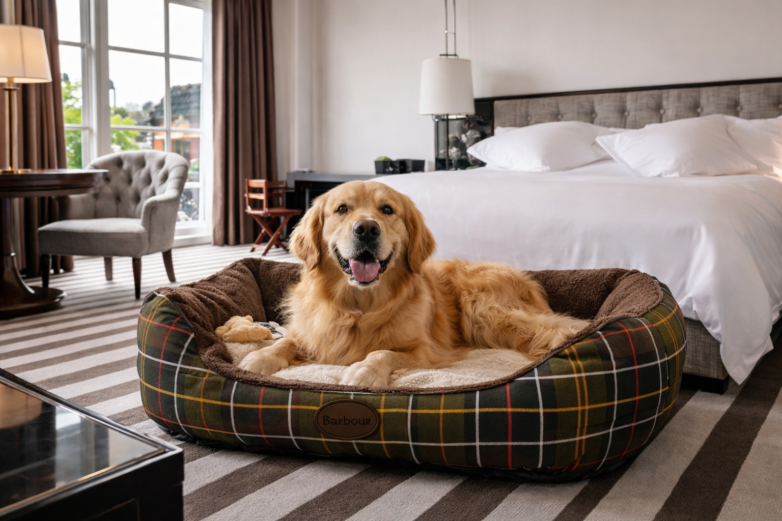 Golden Retriever in seinem gemütlichen Barbour-Bett